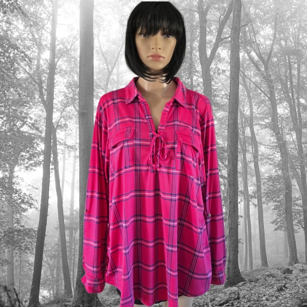 2/25$ My Style Pink Plaid Women's Top, Size 2X